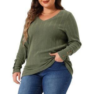 Plus Size V Neck Button Stretch Pullover Sweater Army Green